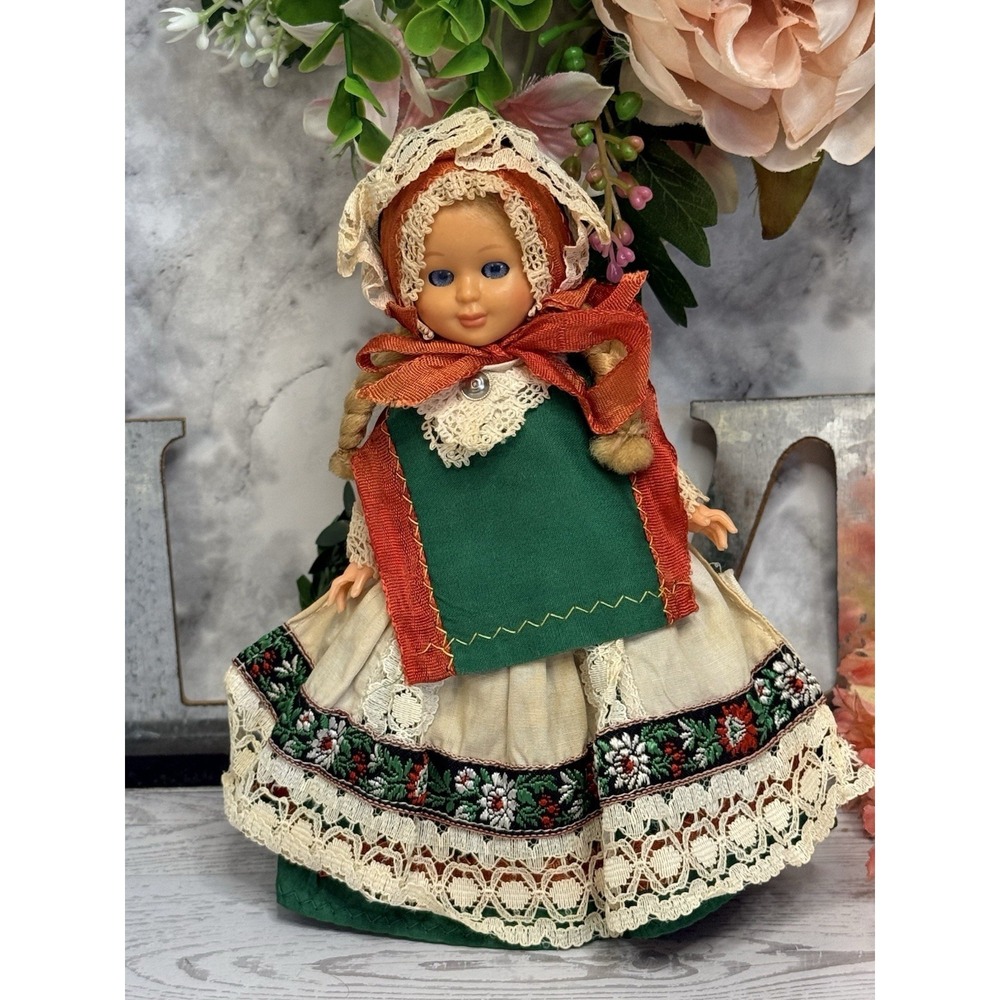 Vintage Ethnic European? Dress Plastic Doll 7" Blue Sleepy Eyes Blonde Braids